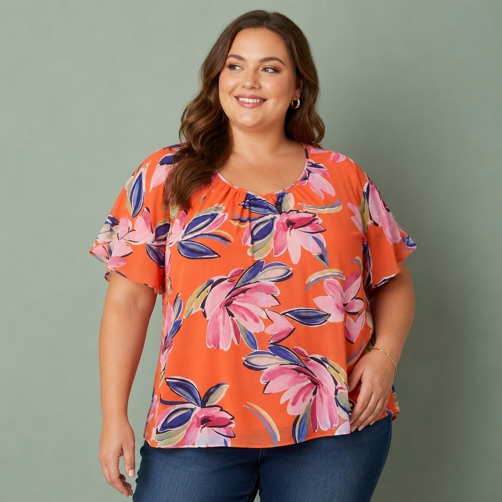 Cato Floral Top Women's 1X Plus Tropical Watercolor Bold Resort Island Vibe Boho